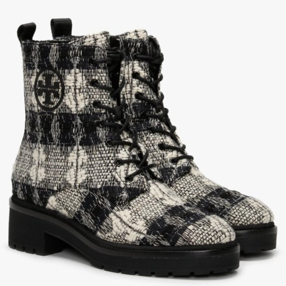 Tory Burch Miller 50MM Black White Perfect Black Lug Sole Ankle Boots. Sz 6